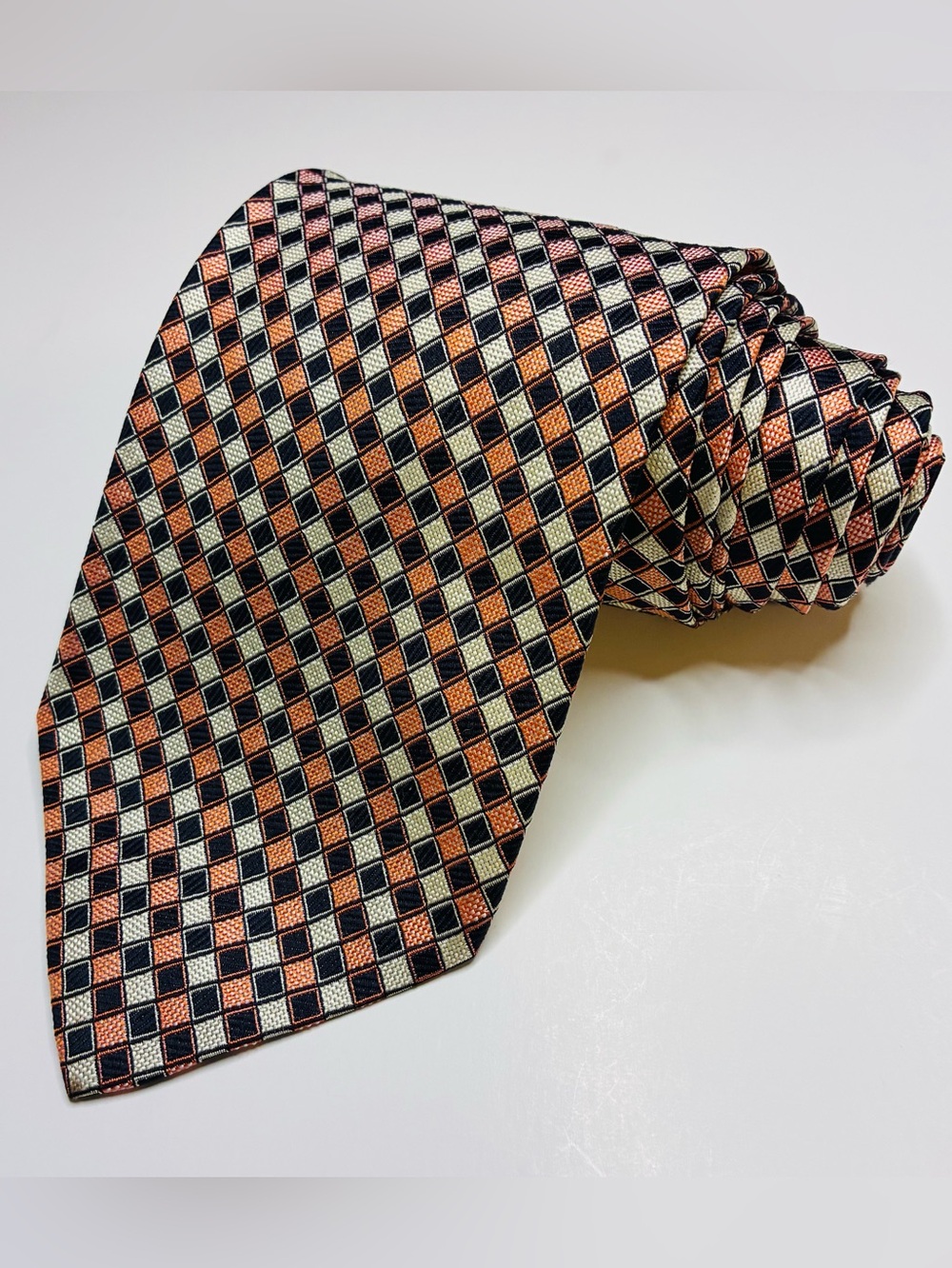 Hugo Boss Necktie Silk Geometric Checkerboard Orange Black White Made In Italy